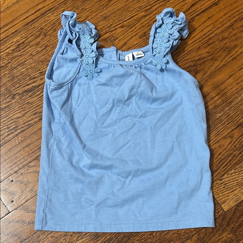 Janie and Jack Girls' Light Blue Tank Top with Floral Ruffle Straps -size 5